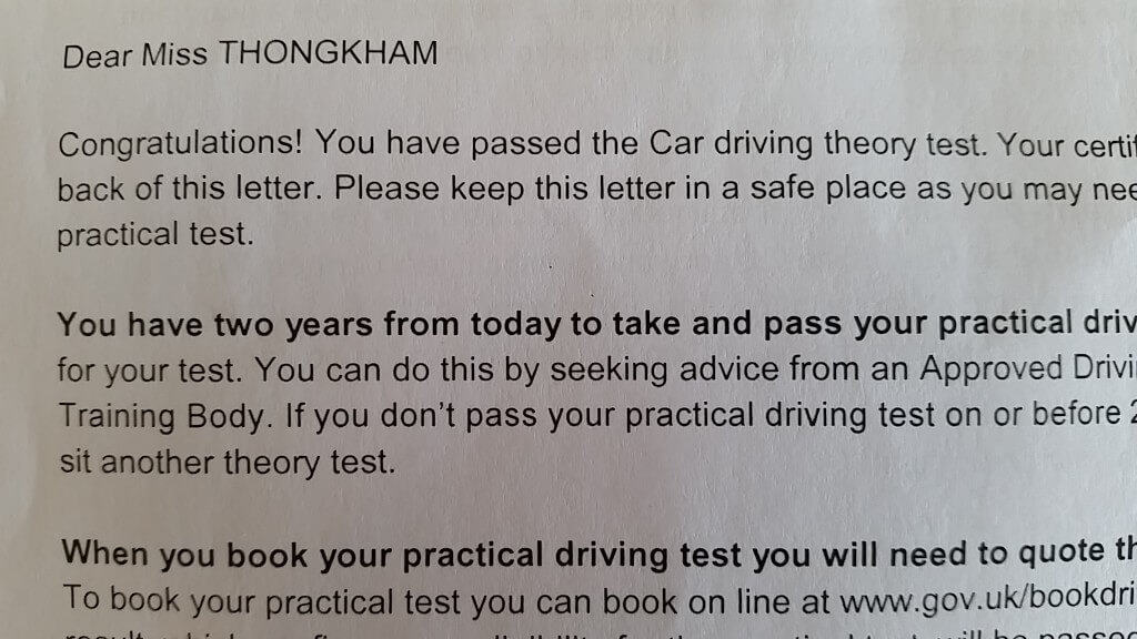Letter from the DVSA that you receive if you pass your test